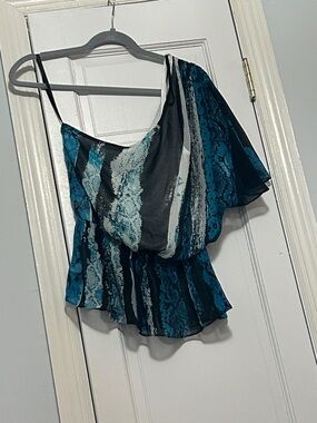 One-Shoulder Teal & Black Patterned Women’s Top